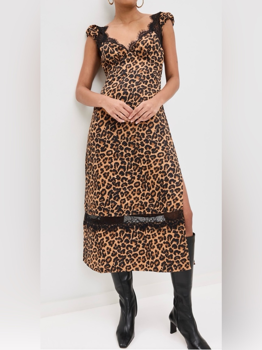 Free People Leopard Print Lace Trim Midi Dress XS Brown Black Animal Print Satin